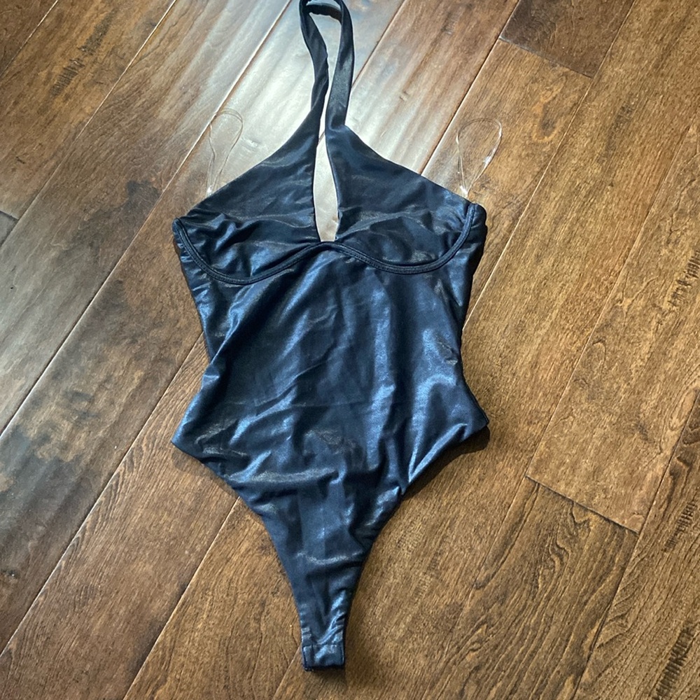 Naked Wardrobe Faux Leather Halter Bodysuit black M